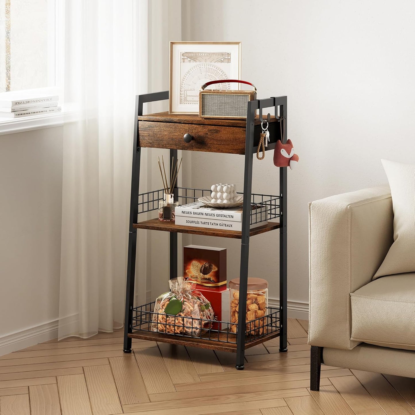 3-Tier Bathroom Ladder Shelf with Drawer, Bathroom Stand Floor Storage Shelf