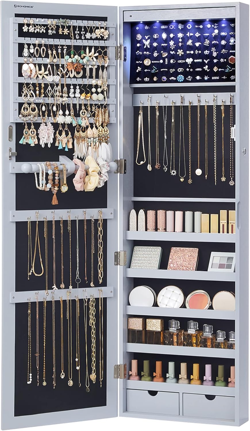 6 LEDs Mirror Jewelry Cabinet, Tall Lockable Wall or Door Mounted Jewelry Armoire Organizer