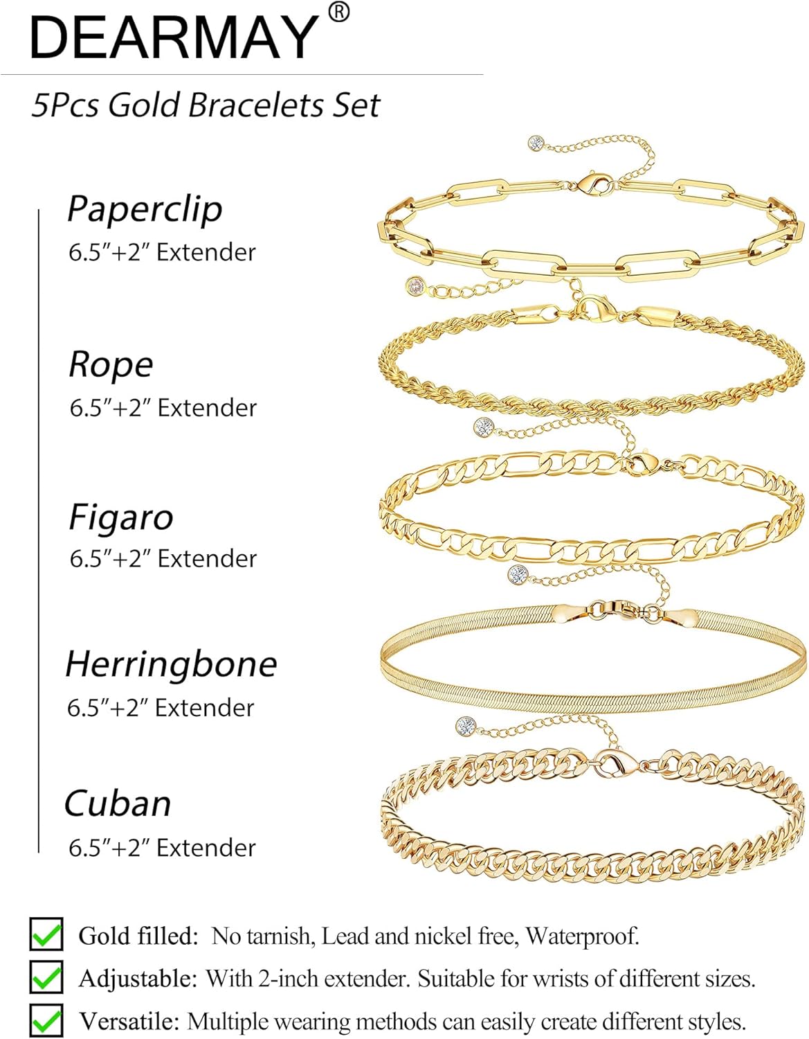 Gold Bracelets - Real 14K Women's Cute Tennis Cubic Beaded Link Paperclip Dainty Bracelet Pack