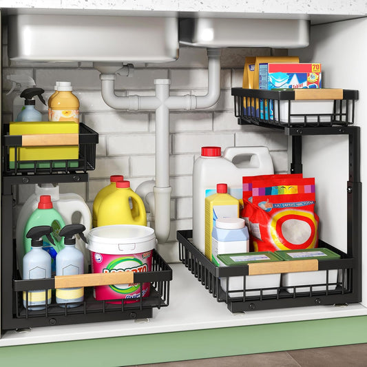 Under Sink Organizer, 2 Packs 2 Tier Under Sink Organizers , Slide out Pull out Cabinet Organizer Shelf
