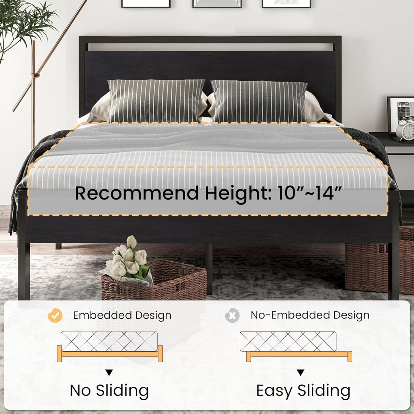 Full Size Metal Platform Bed Frame with Wooden Headboard and Footboard, Mattress Foundation, No Box Spring Needed