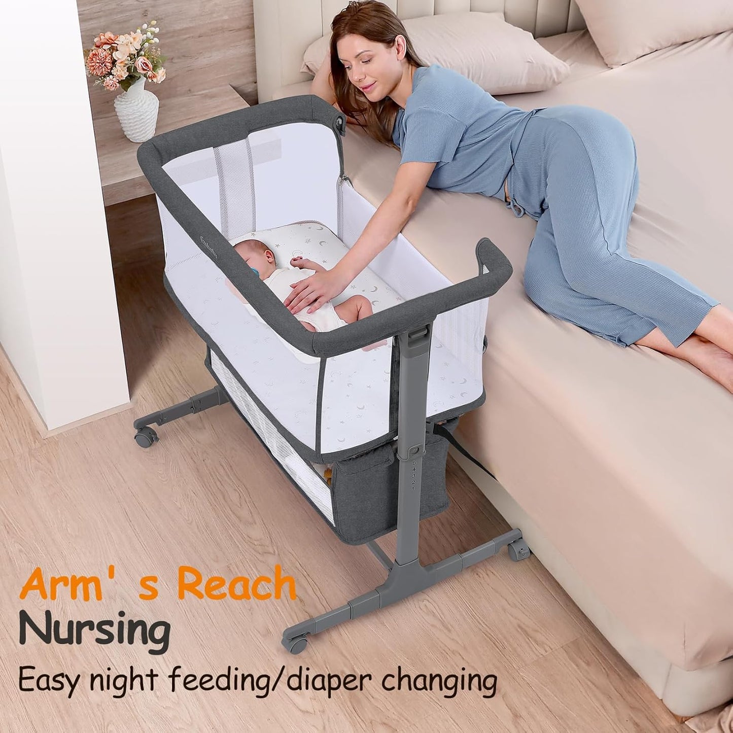 Adjustable 7 Heights and All Mesh Sides,Bedside Bassinet for Baby, Portable Baby Bassinet Bedside Sleeper