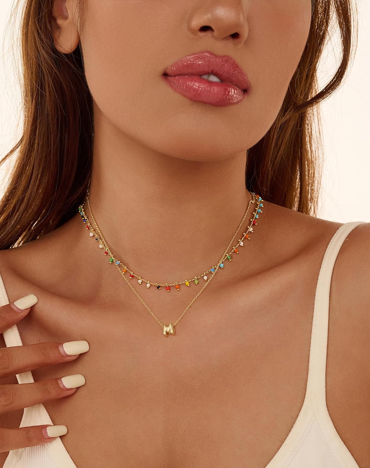 Colorful Bead Layered Initial Necklace for Women - Dainty Letter Choker, Personalized Beach Jewelry Gift