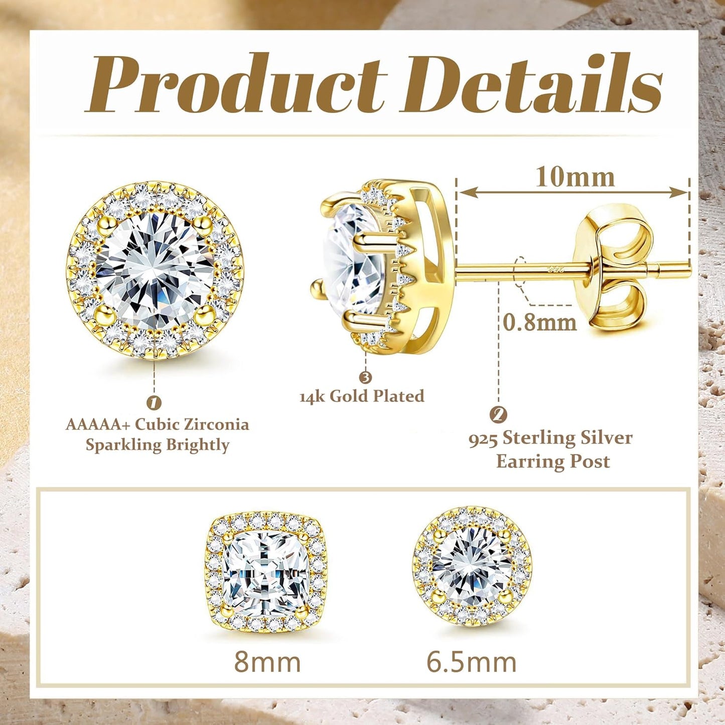 Hayoso 18K Gold Plated Halo Stud Earrings 925 Sterling Silver Cubic Zirconia Stud Earrings Round Square Diamonique Stud