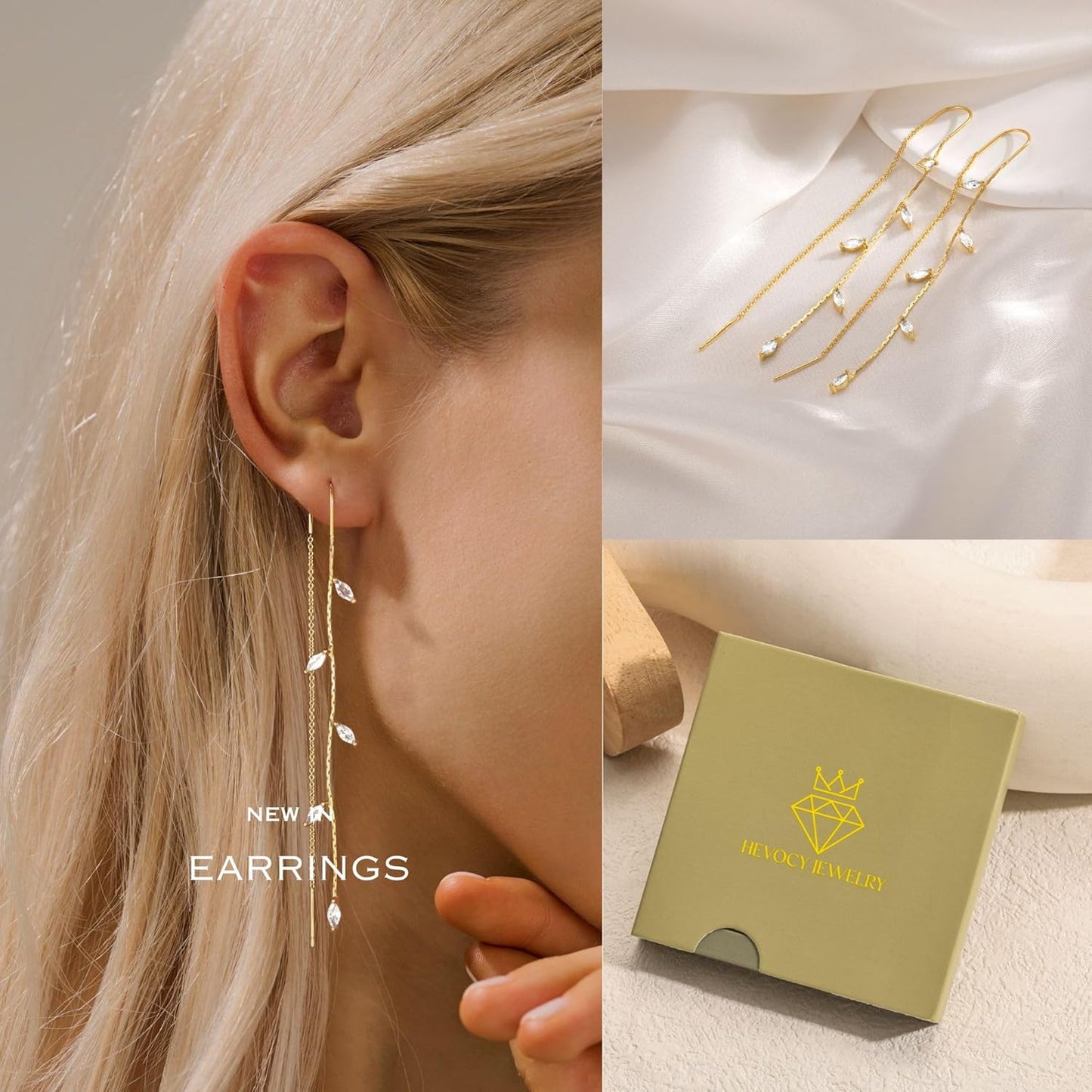Dangle Threader Earrings for Women: Dainty 14k Gold Plated Drop Long Chain Earrings Trendy  Non Tarnish Elegant Cubic