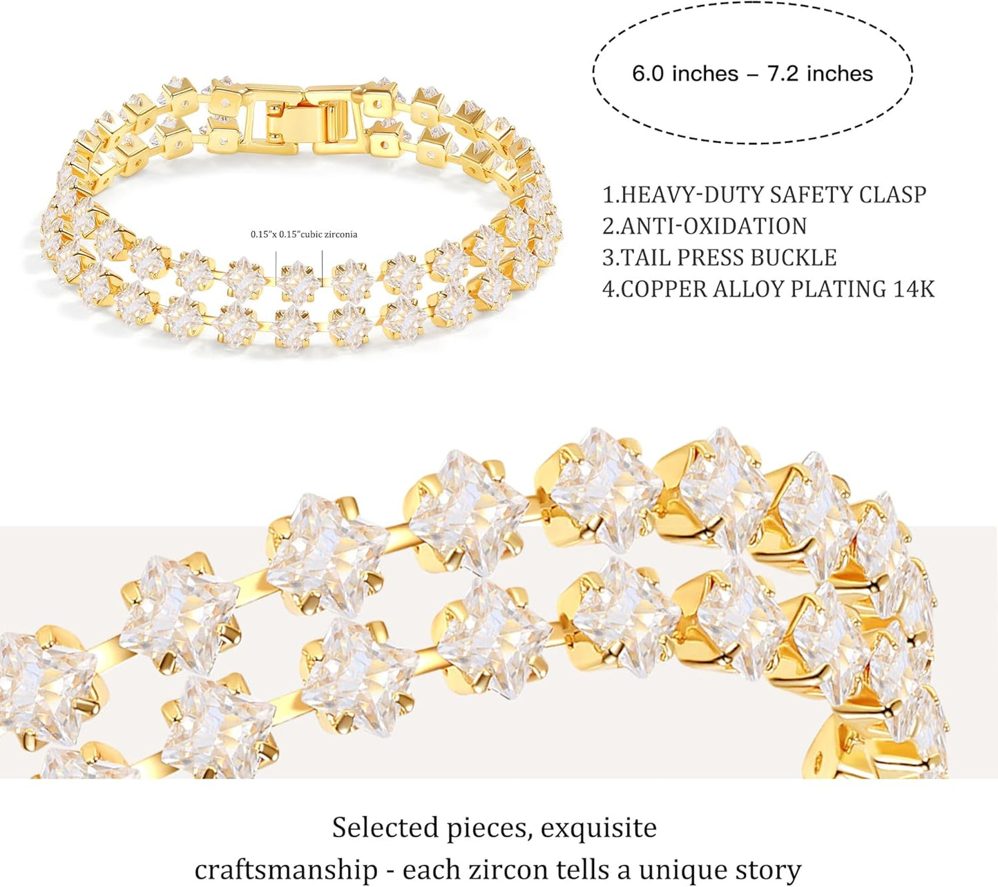 14K Gold Plated Tennis Bracelet for Women – Classic CZ Link Design, Fits 6.0"–7.2" Wrists – Stylish Sparkling Jewelry Gift