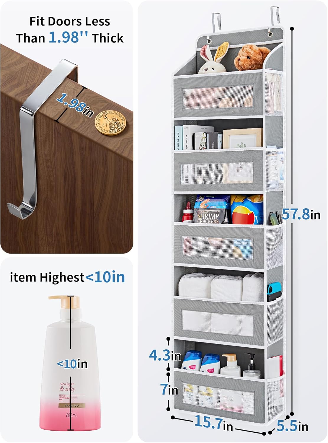 Over The Door Organizer Storage, 5 Shelf Hanging Door Organizer with 5 Large Capacity Pockets