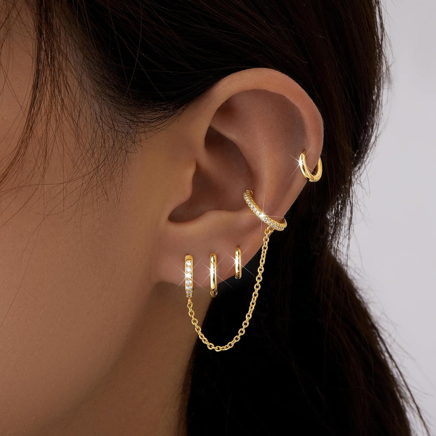Small Gold Huggie Hoop Earrings Set for Women Men Hypoallergenic 14K Plated Stack Cartilage Earrings, Multiple Piercing