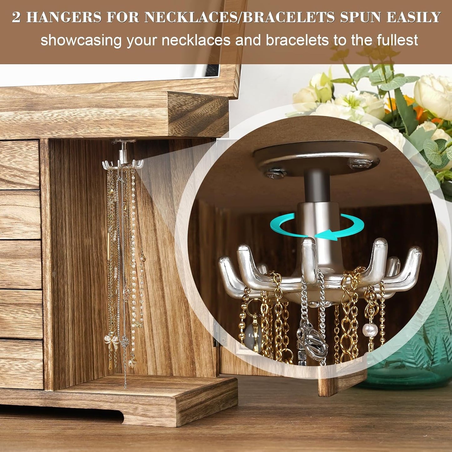 5 Layer Jewelry Storage Case Display, Rustic Wooden Jewelry Organizer Box with Mirror
