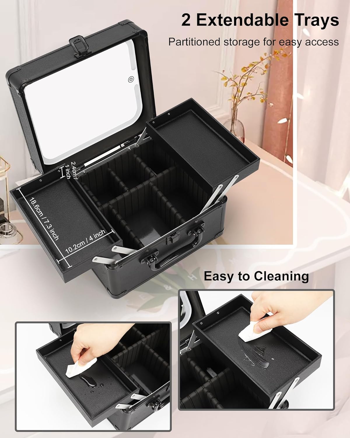 Makeup Bag with Mirror, Large Cosmetic Organizer with 2 Trays and Vanity Mirror with LED Lights