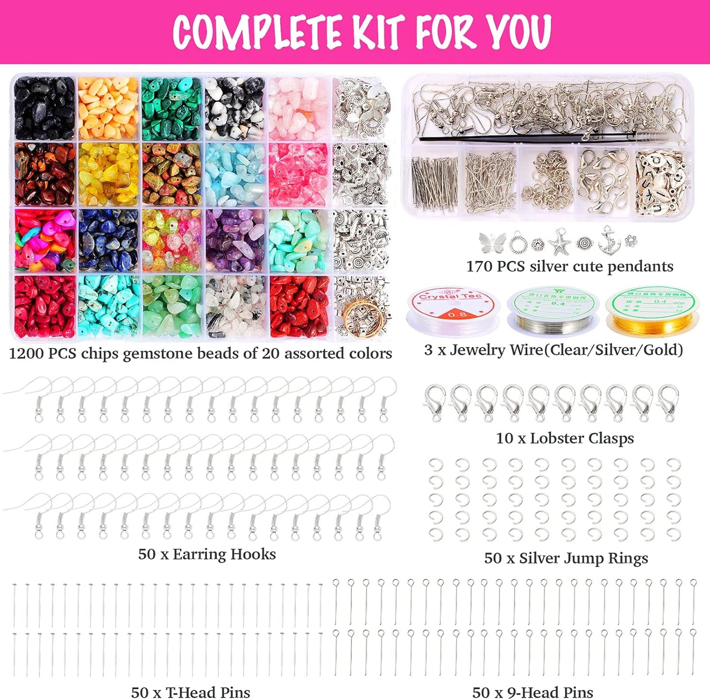 OMOMMD Jewelry Making Supplies Kit - 1587 PCS Beads, Crystal Beads, Jewelry Pliers, Beading Wire, Earring Hooks, Rings, Bracelets for Girls and Adults