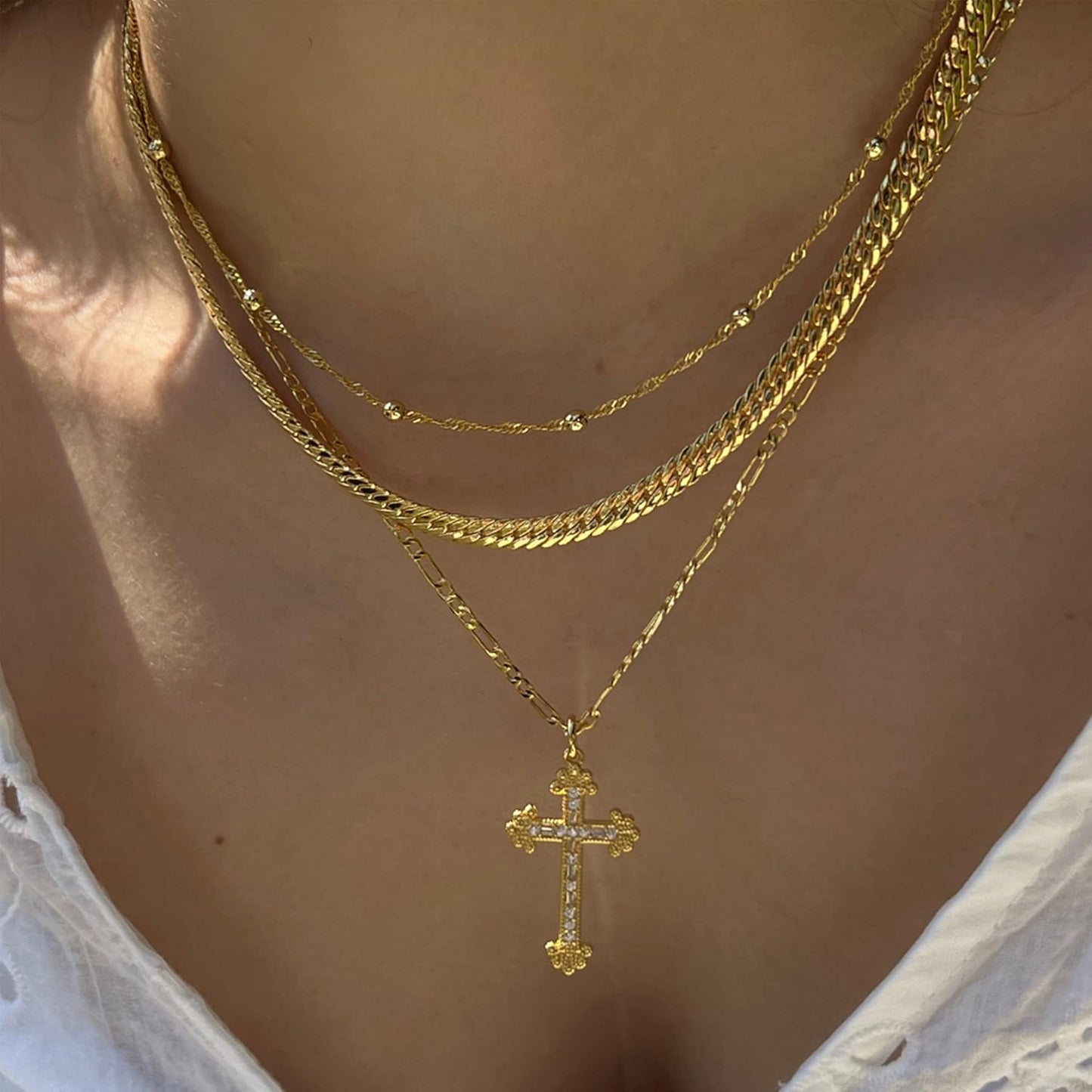 Dainty 14K Gold Plated Cross Necklace - Heart Pendant with Diamond Accent, Faith Jewelry Gift
