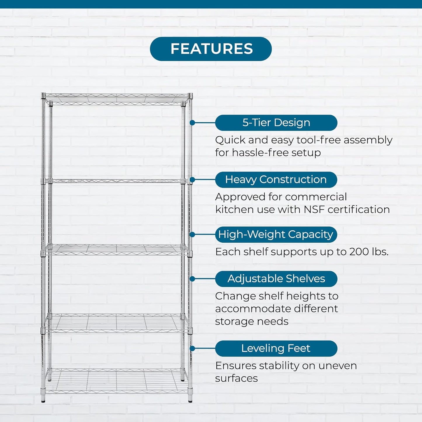 5-Tier Heavy Duty Adjustable Shelves, Metal Storage Rack Shelf Capacity, , 14" W x 36" L x 72" H