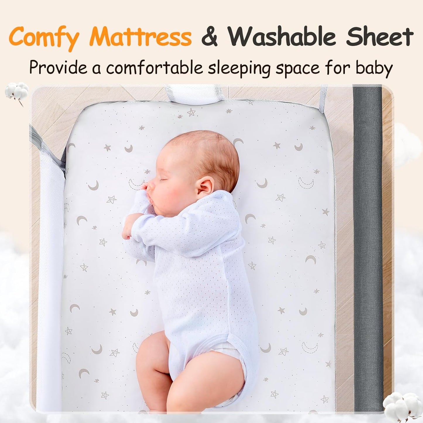 Adjustable 7 Heights and All Mesh Sides,Bedside Bassinet for Baby, Portable Baby Bassinet Bedside Sleeper
