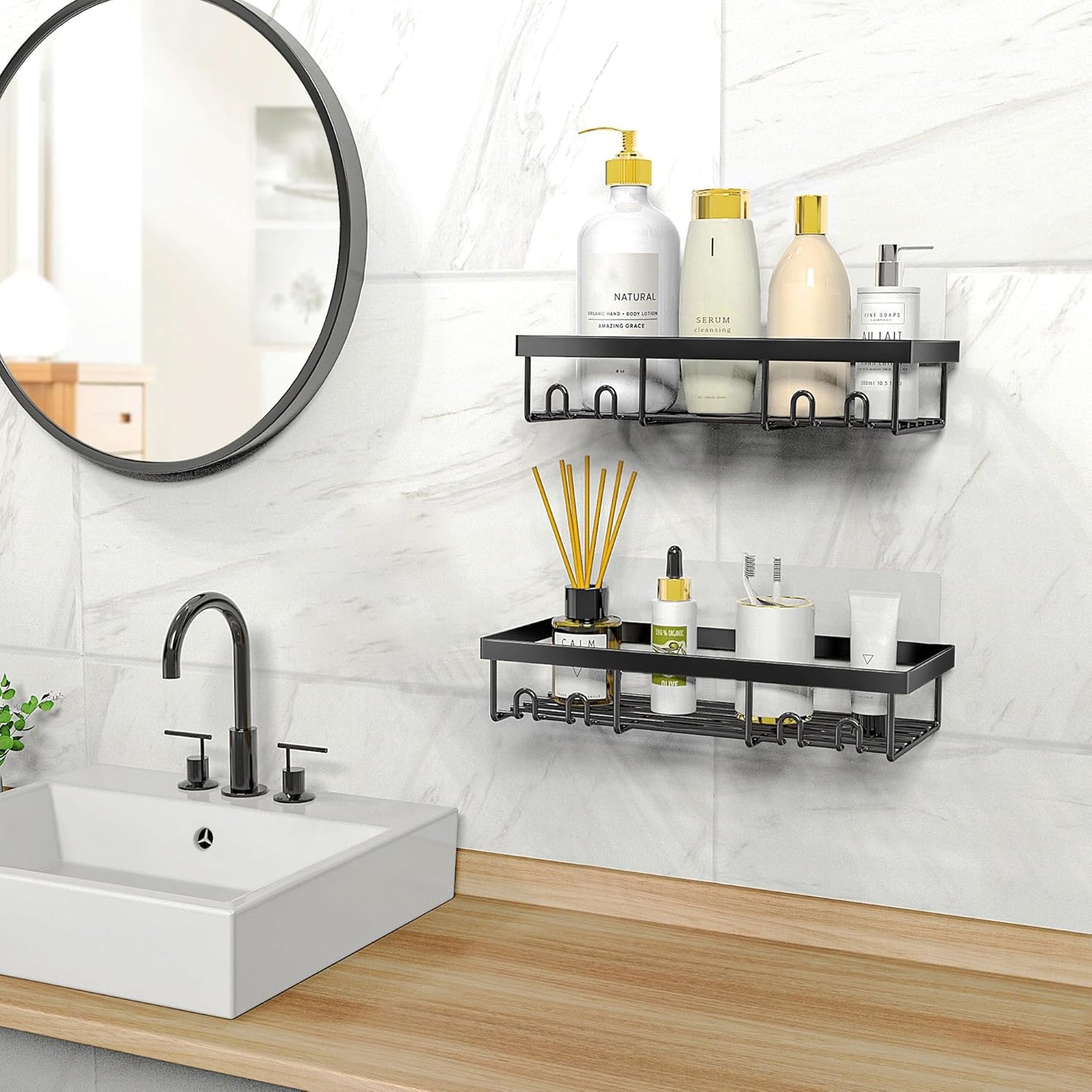 Large Shower Caddy Shelf Organizer Rack, Self Adhesive Black Bathroom Shelves Basket, Organization Storage