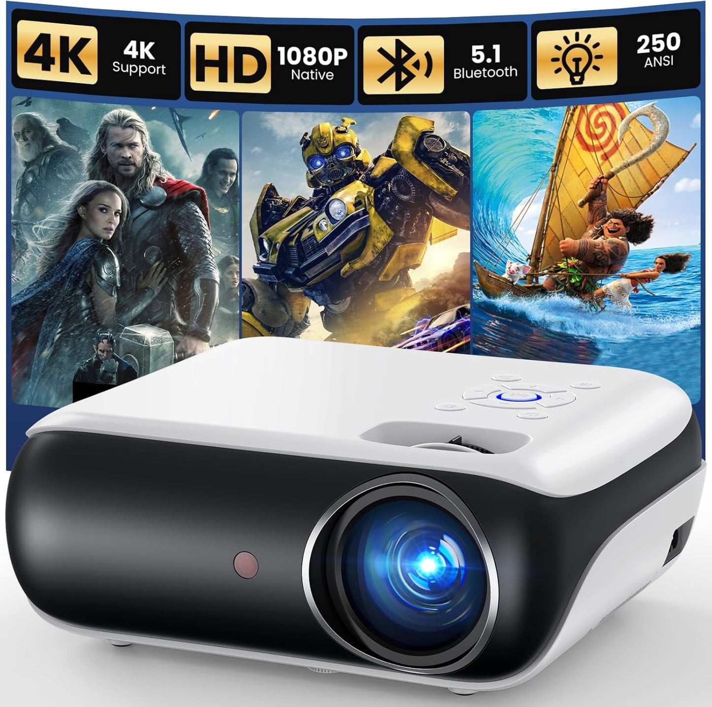 OMOMMD Native 1080P Bluetooth Mini Projector, Full HD Portable Outdoor Movie Projector with Built-in Speaker, Compatible with Smartphone, HDMI, USB, AV, Fire Stick, PS5 for Home, Bedroom, Outdoor Use