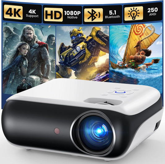 OMOMMD Native 1080P Bluetooth Mini Projector, Full HD Portable Outdoor Movie Projector with Built-in Speaker, Compatible with Smartphone, HDMI, USB, AV, Fire Stick, PS5 for Home, Bedroom, Outdoor Use