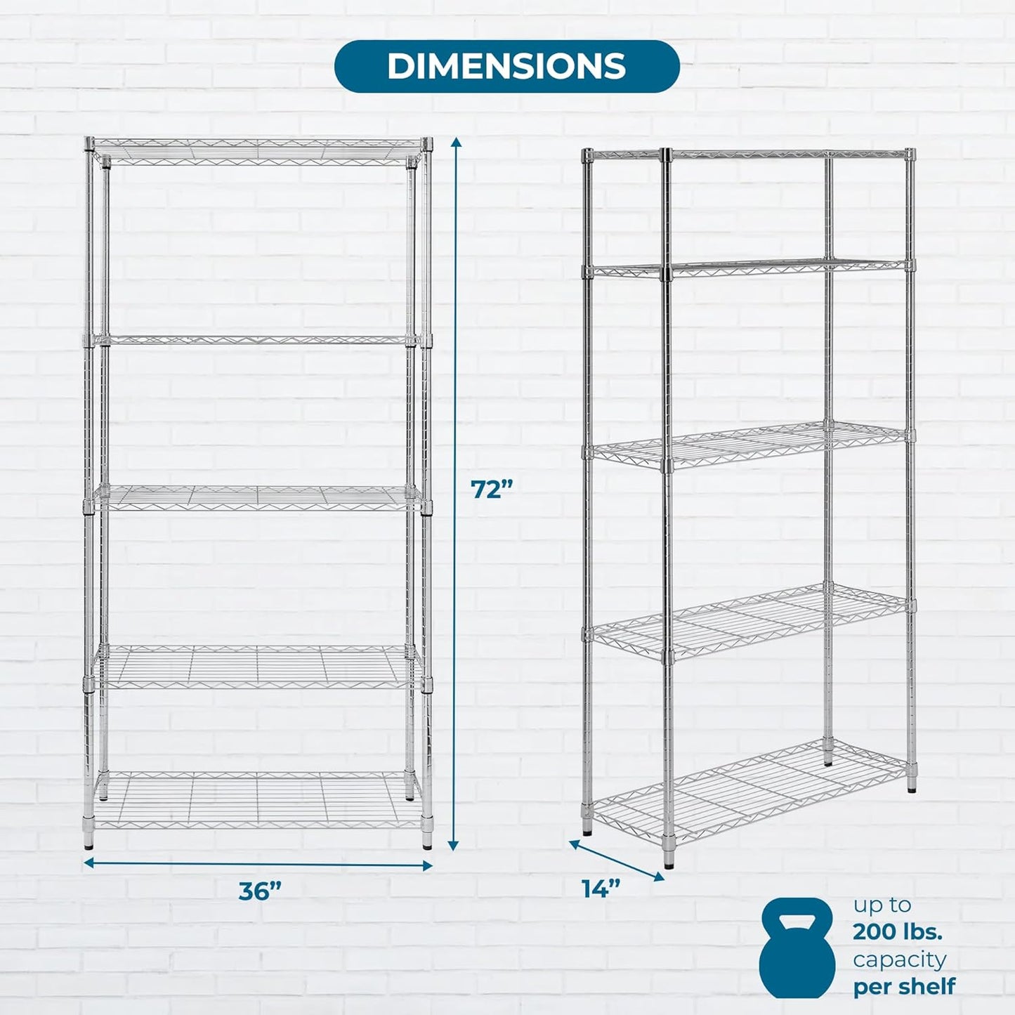 5-Tier Heavy Duty Adjustable Shelves, Metal Storage Rack Shelf Capacity, , 14" W x 36" L x 72" H