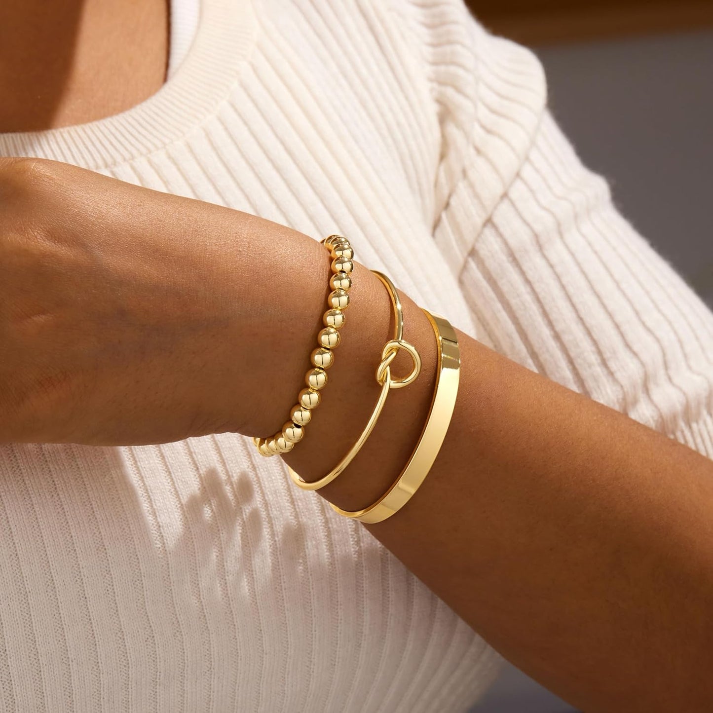 Gold Bracelets for Women Non Tarnish Dainty 14K Real Gold Plated Bangle Cuff Bracelets Stack for Women