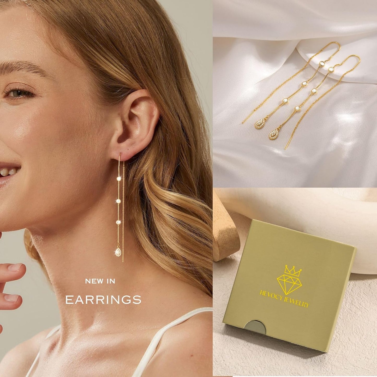 Dangle Threader Earrings for Women: Dainty 14k Gold Plated Drop Long Chain Earrings Trendy  Non Tarnish Elegant Cubic