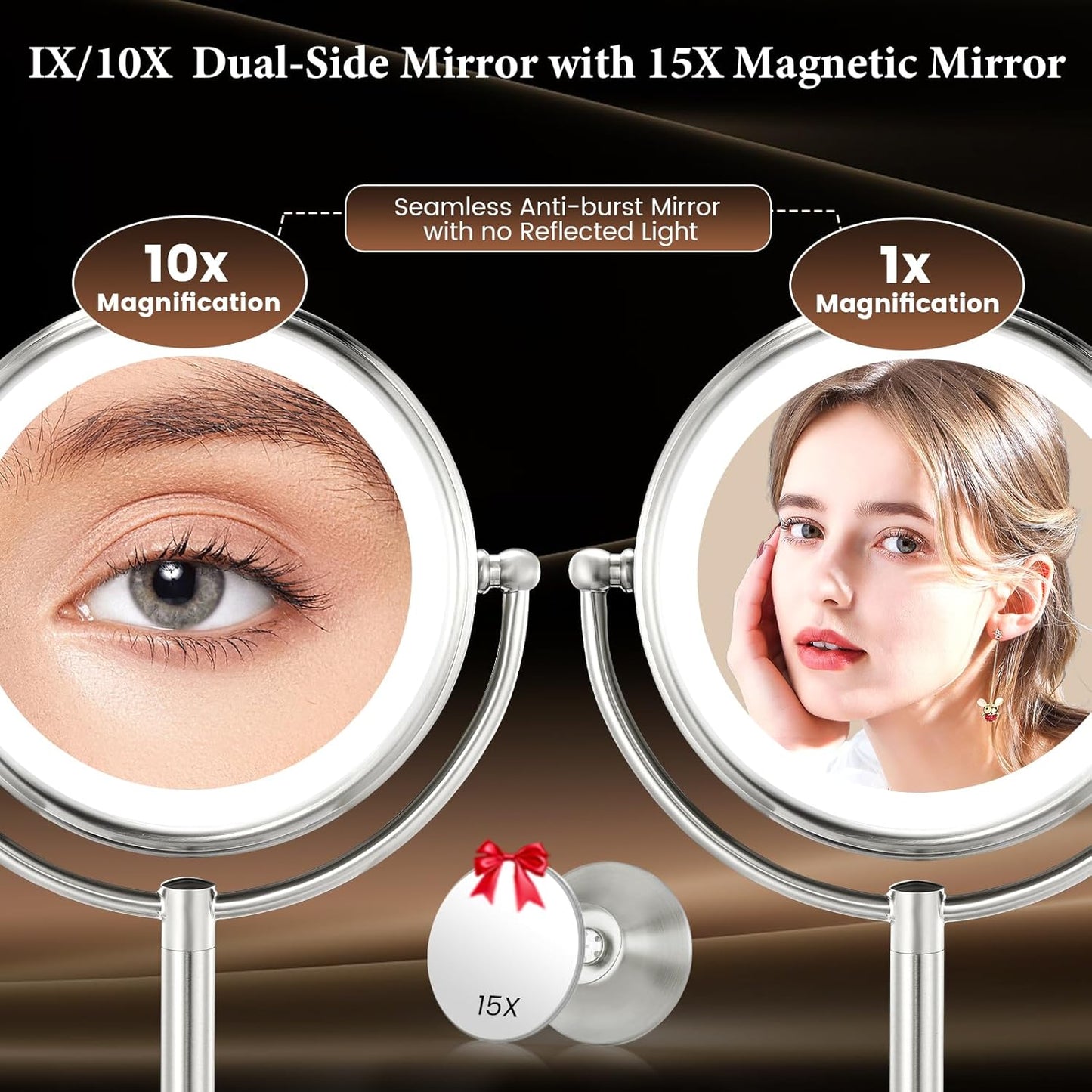 8.5" Large Lighted Makeup Mirror , 1X/10X True HD Magnifying Mirror 360°Swivel Seamless Vanity Mirror