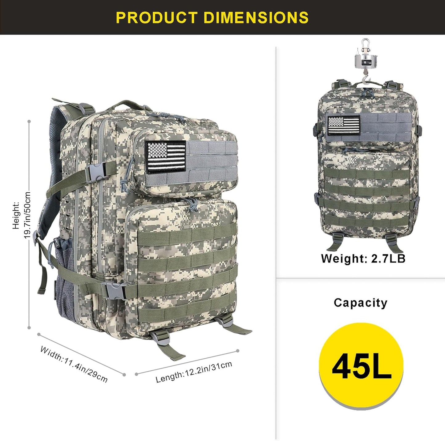 45L Military Tactical Backpack for Men and Women Army  Bag Large Rucksack with Molle System