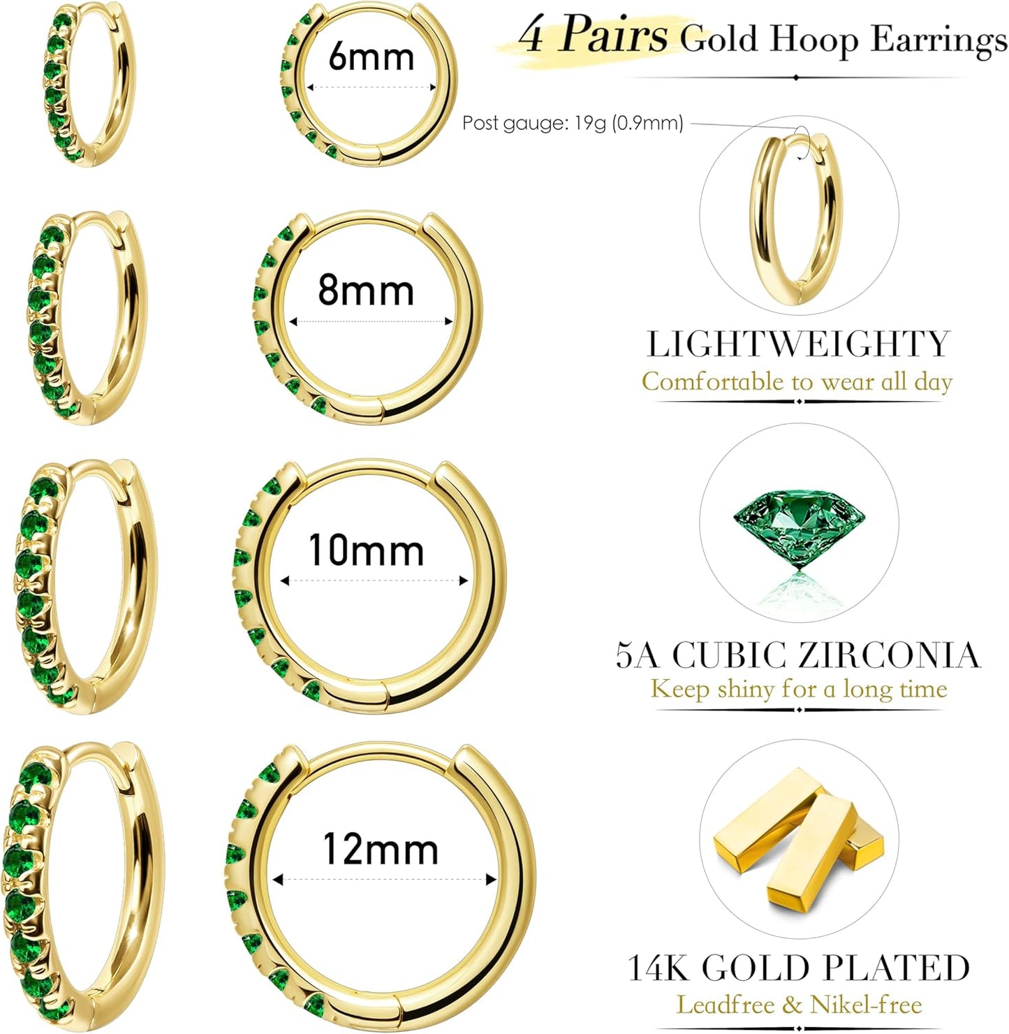 Small Gold Huggie Hoop Earrings Set for Women Men Hypoallergenic 14K Plated Stack Cartilage Earrings, Multiple Piercing
