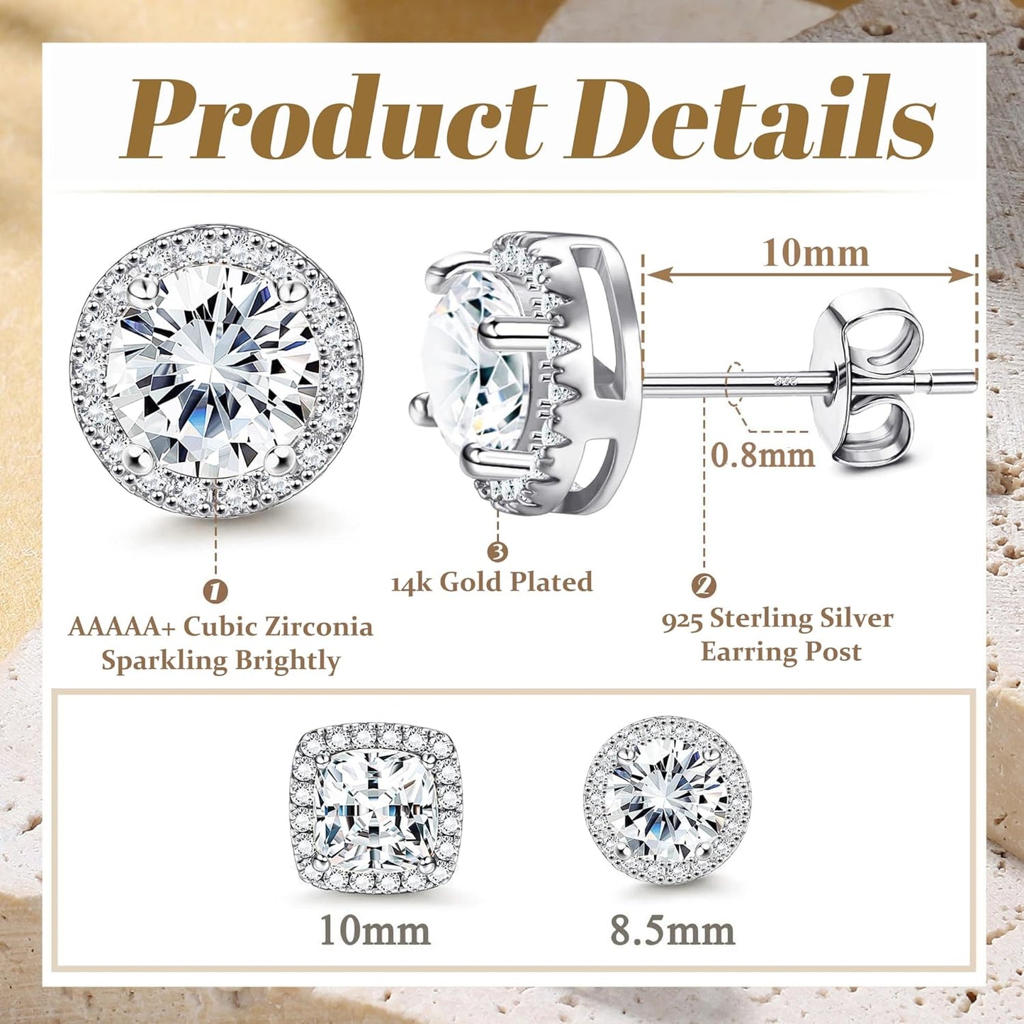 Hayoso 18K Gold Plated Halo Stud Earrings 925 Sterling Silver Cubic Zirconia Stud Earrings Round Square Diamonique Stud