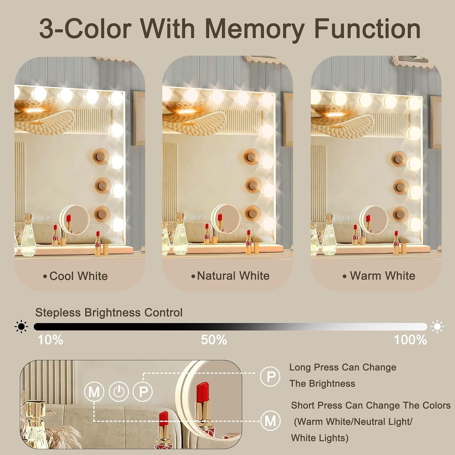 Vanity Mirror with Lights, 15 Dimmable Bulbs, 3 Color Lights,Make Up Lighted Mirror,  USB Charging Port