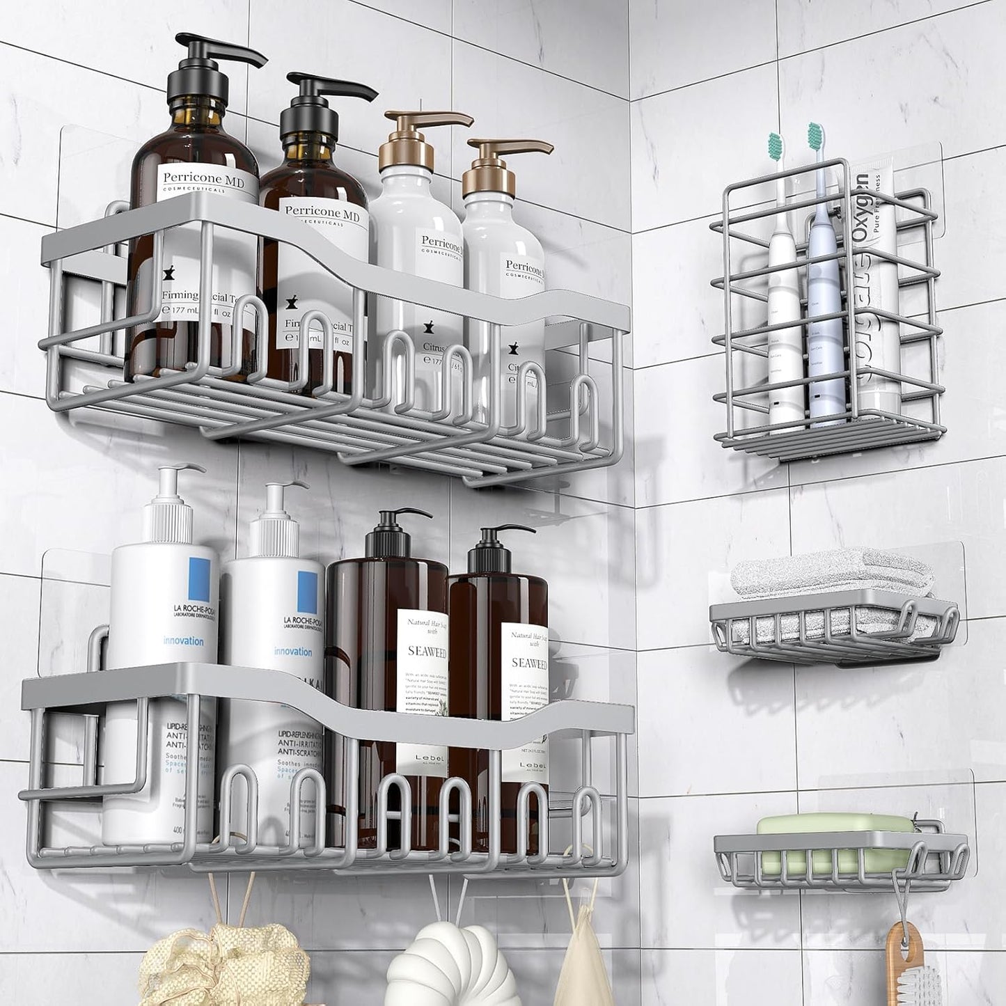5-Pack Rustproof Stainless Steel Shower Caddy Set– No Drill  Bathroom Organizer