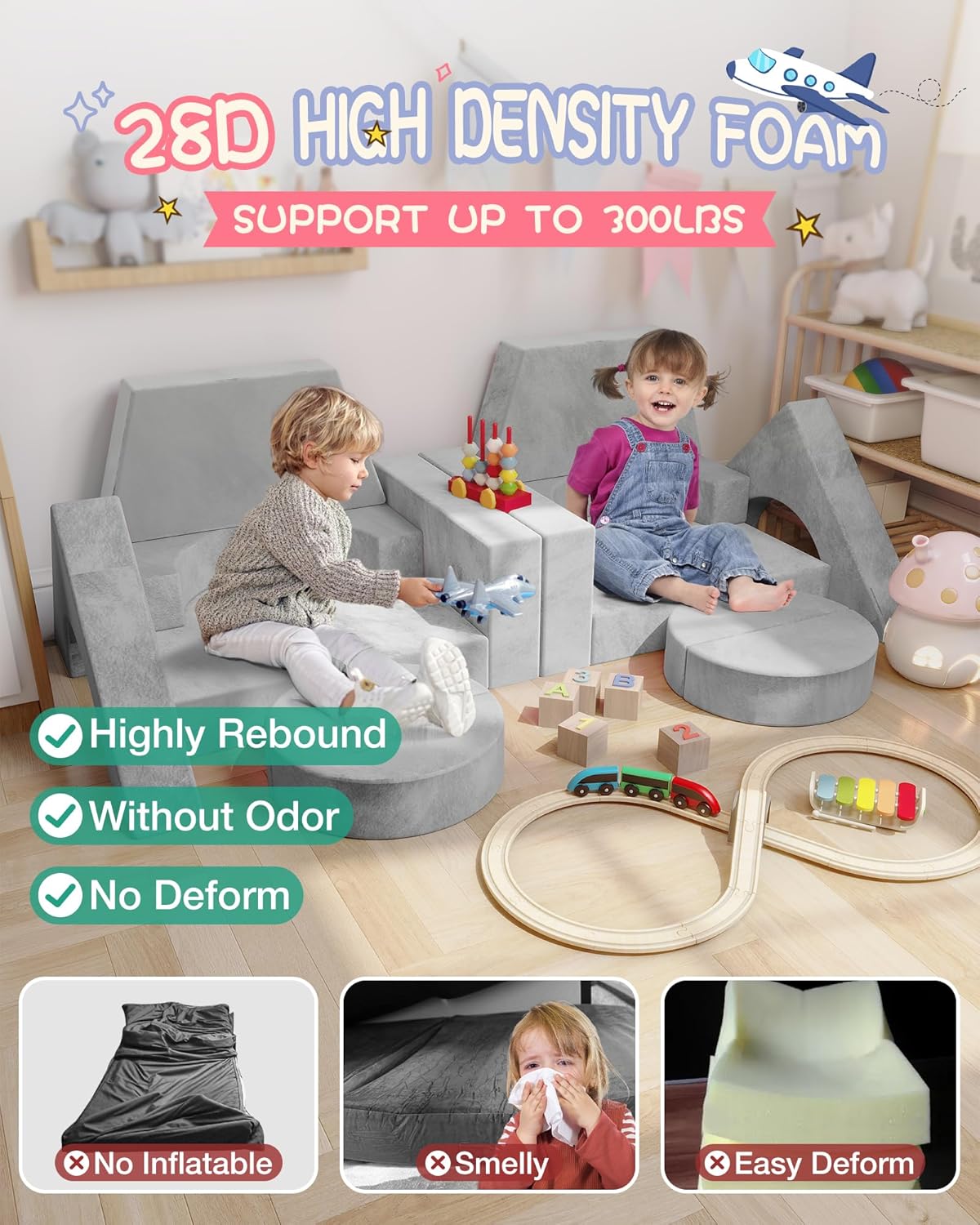 15pcs Modular Kids Sectional, Fort Building kit for Playroom Furniture, Kid Play Couches, Convertible Sofa for Boys & Girls