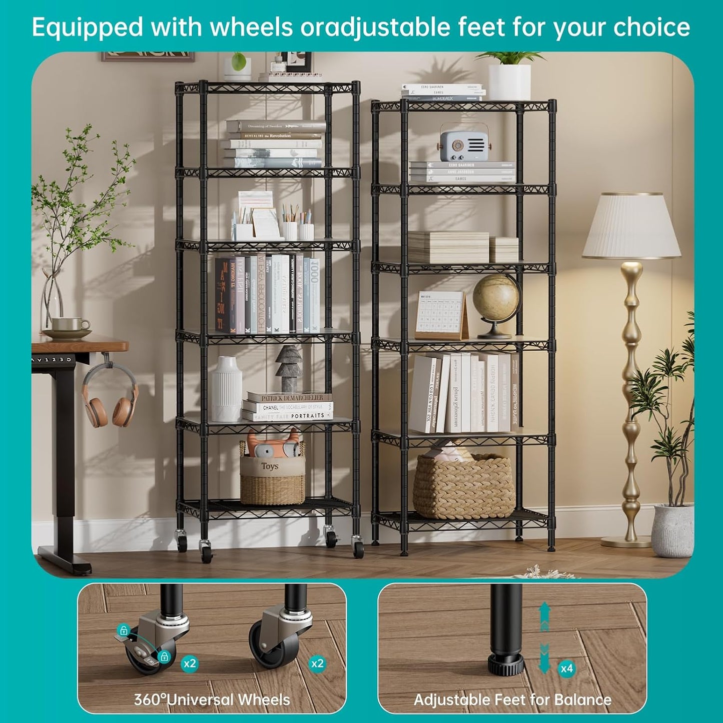 6 Shelf Storage Wire Shelves Closet Bathroom Organizers Metal Pantry Net Basket with Wheels