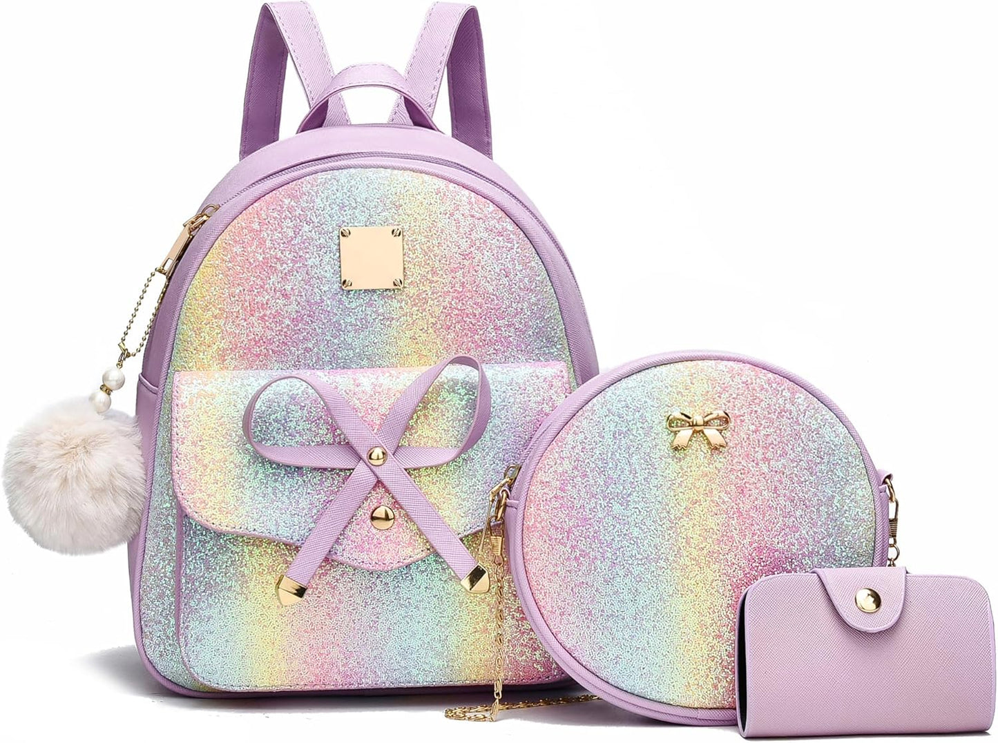 3-Pieces Girls Bowknot Fahsion Leather Backpack Backpack Purse for Women Rucksack