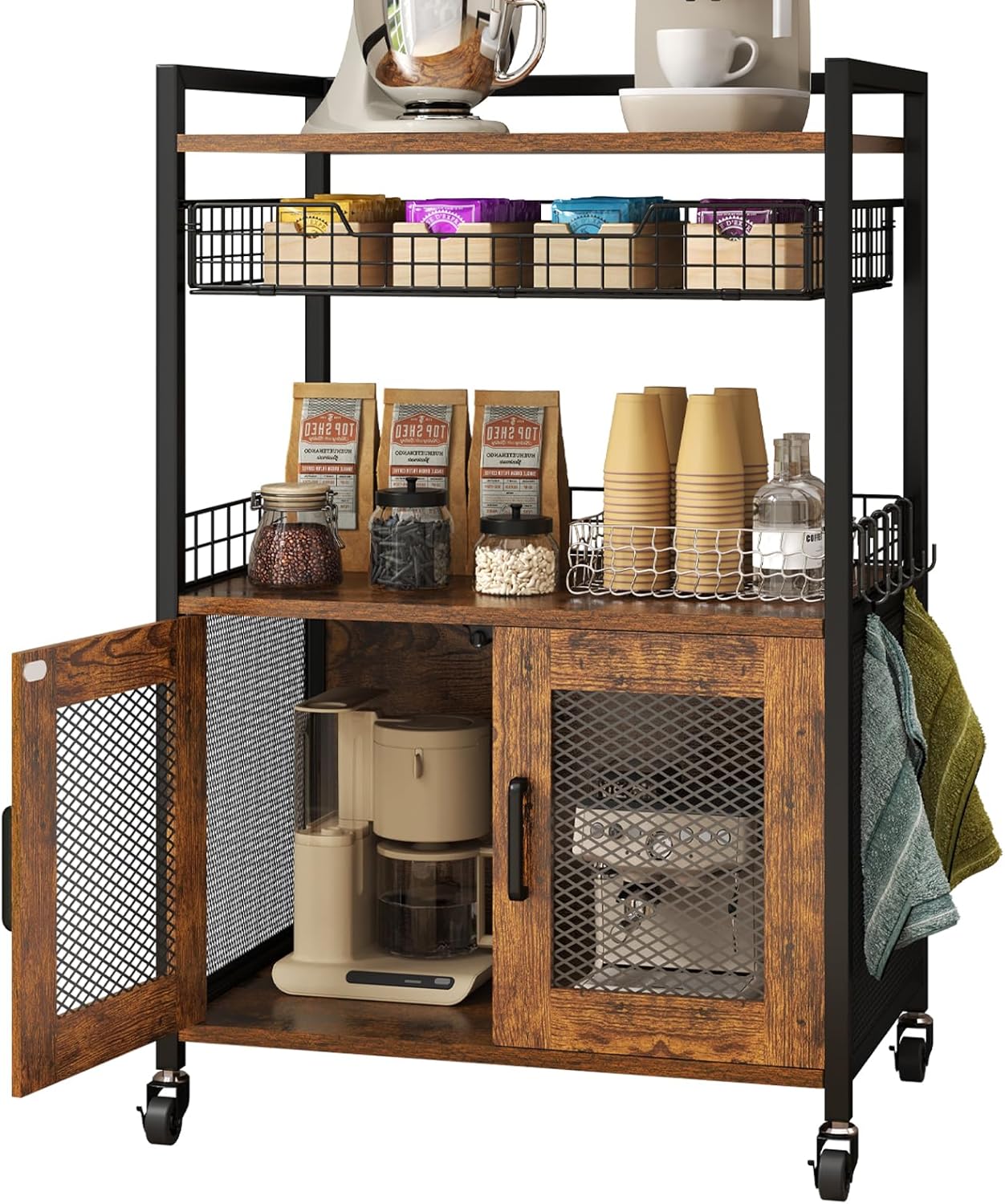 3 Tier Coffee Station Table on Wheels, 35.9" H Bar Cart with Wire Basket Drawer & 5 Hooks for Home Kitchen
