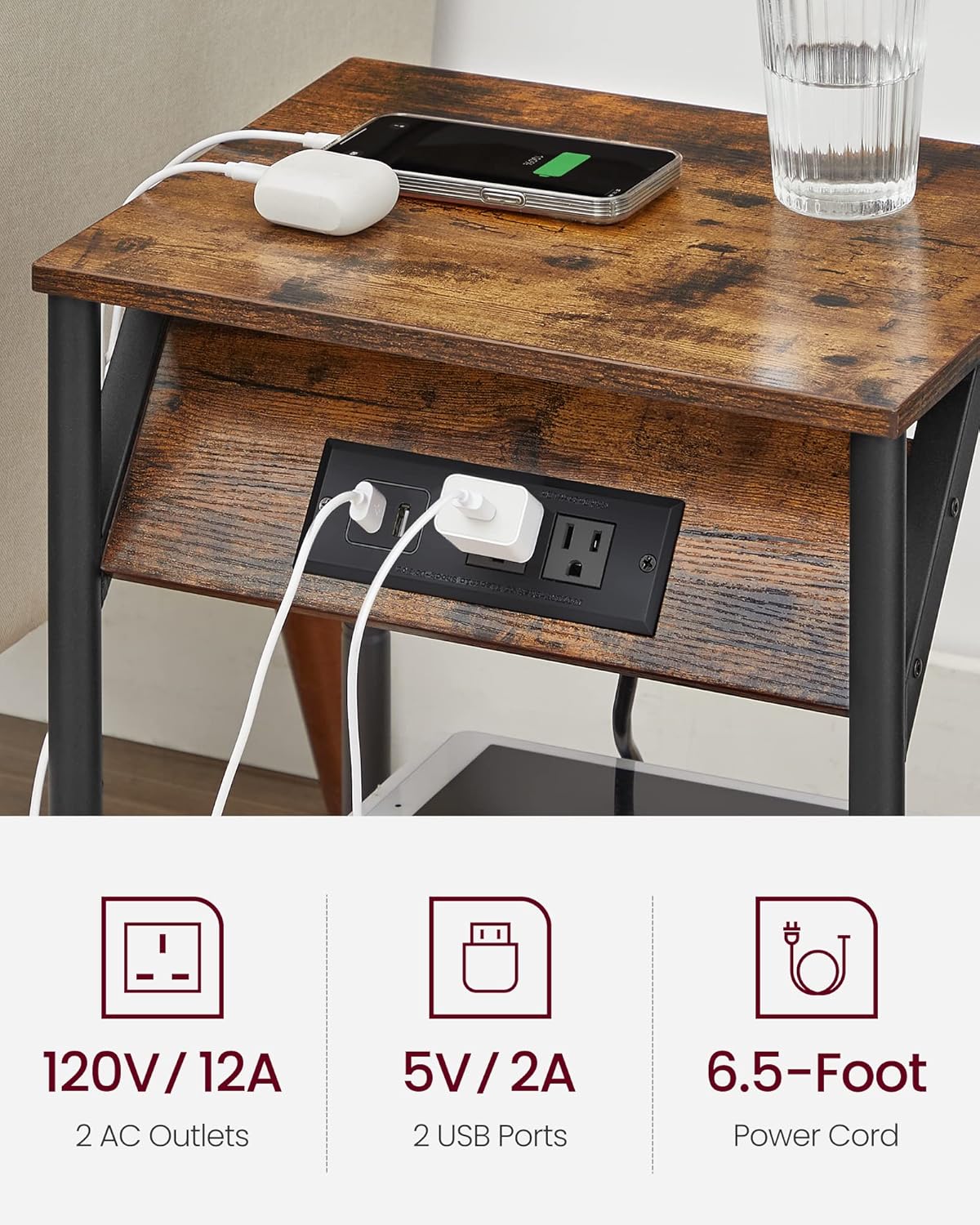 Small Side Tables, Nightstand with Outlets and USB Ports, Bedside Table with Storage Shelf