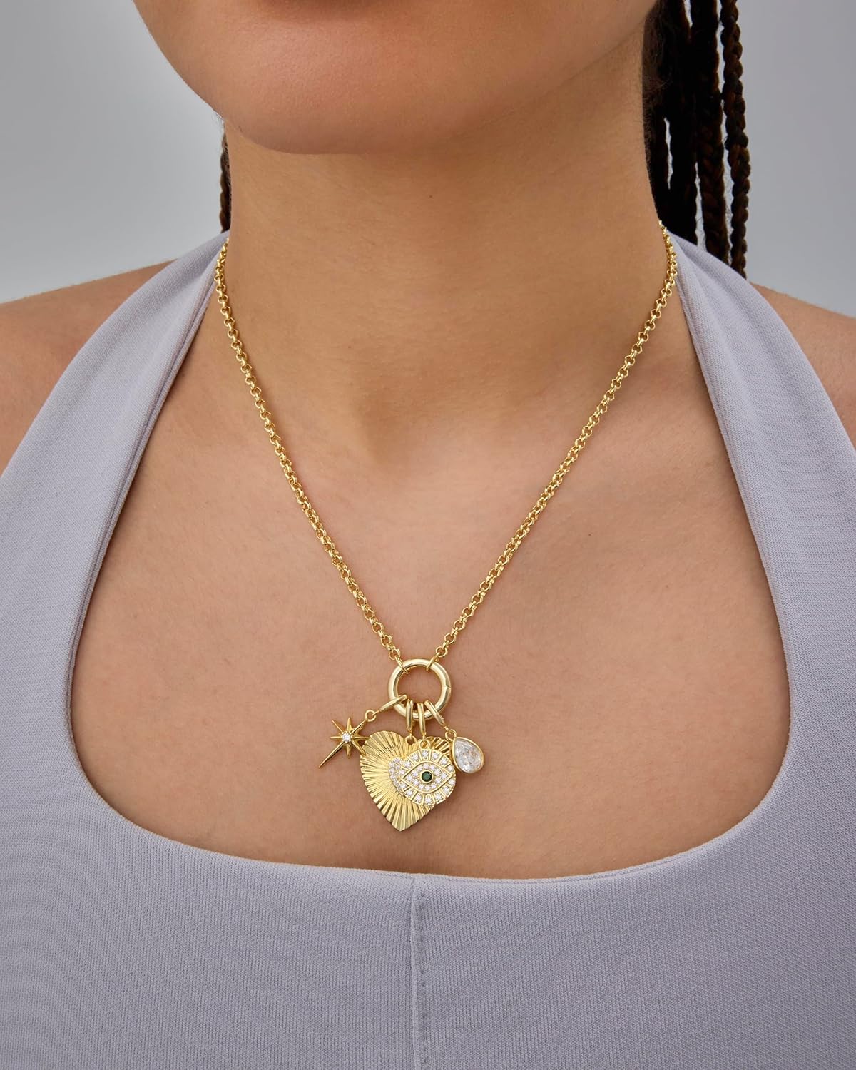 14K Gold Plated Heart Charm Necklace - Cluster Pendant with CZ Accents for Women