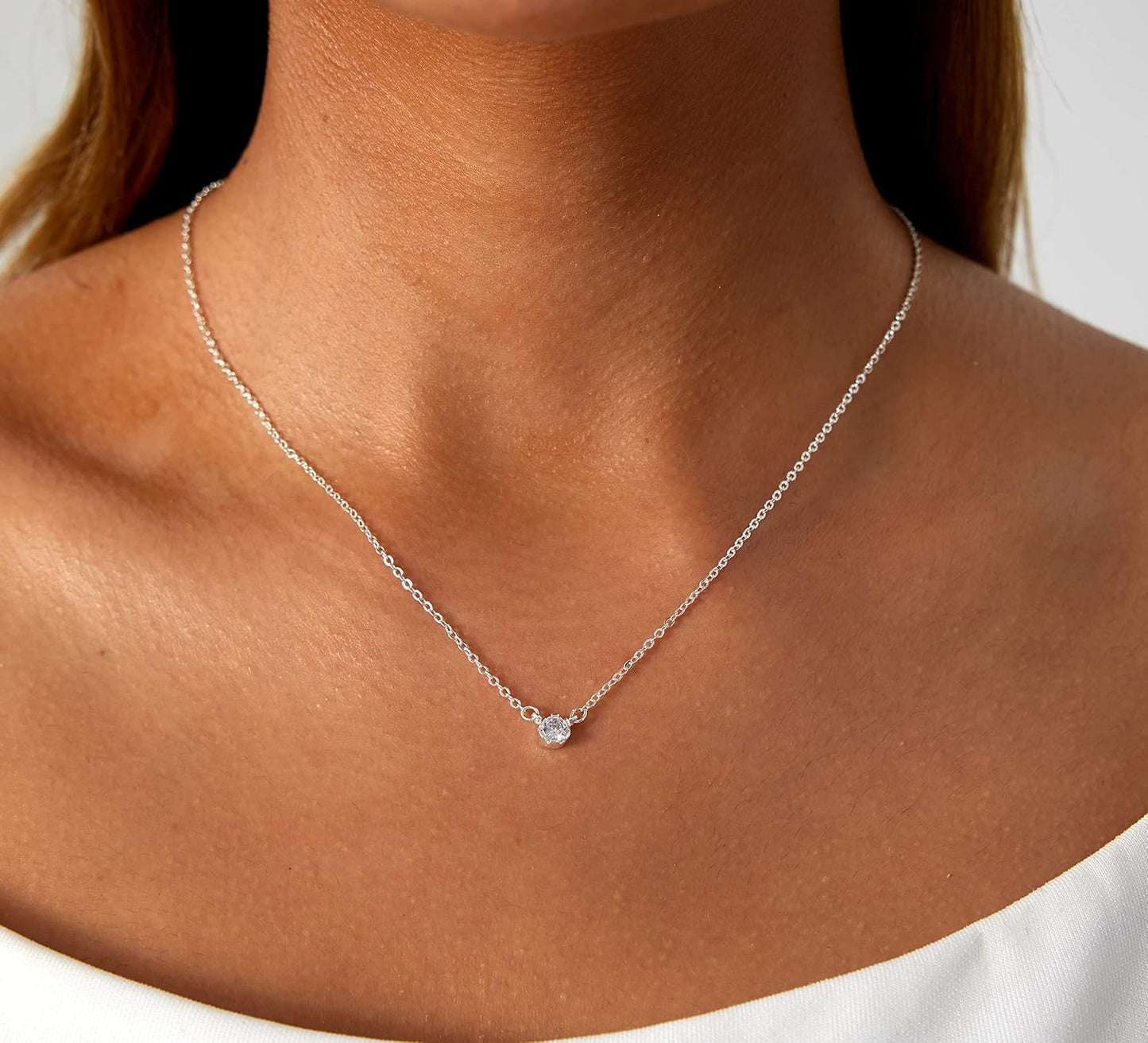 14K Gold Plated Solitaire Pendant Necklace - Round CZ Diamond Choker for Women