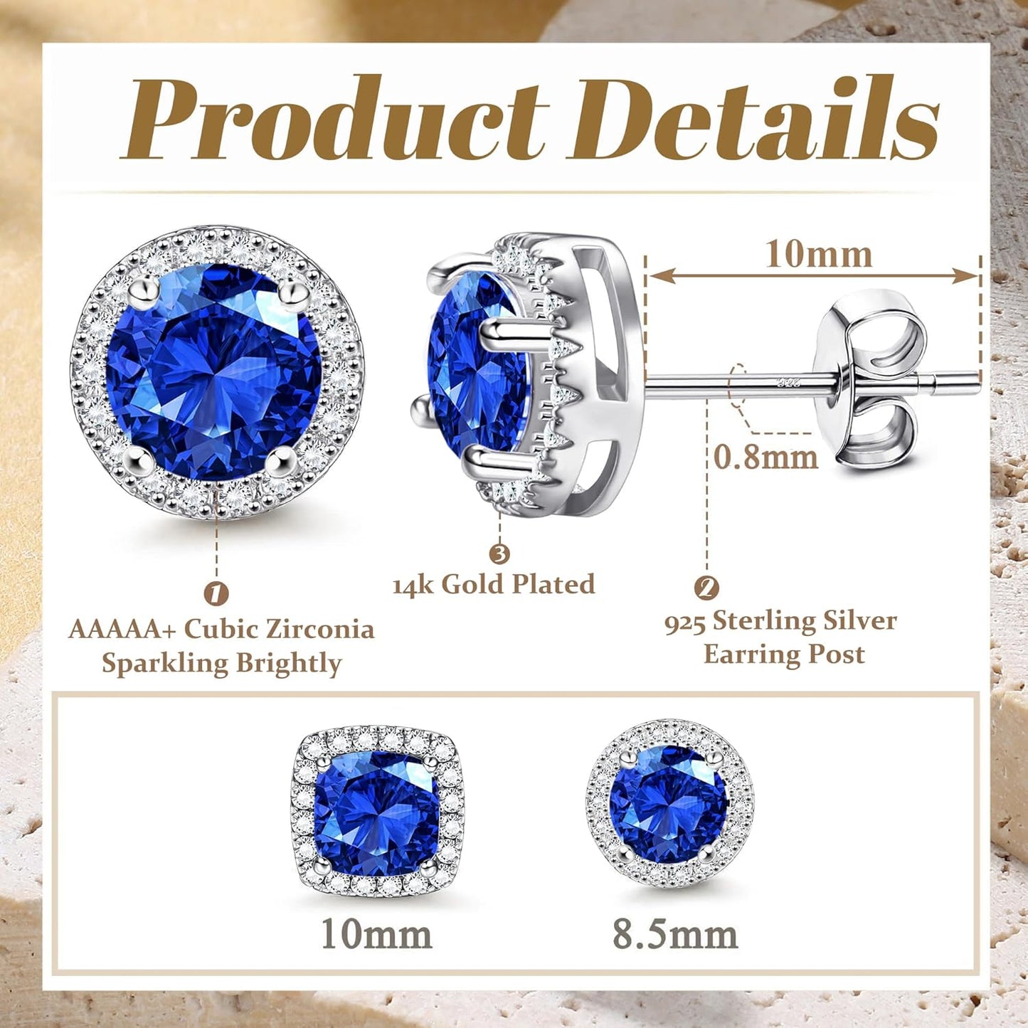 Hayoso 18K Gold Plated Halo Stud Earrings 925 Sterling Silver Cubic Zirconia Stud Earrings Round Square Diamonique Stud