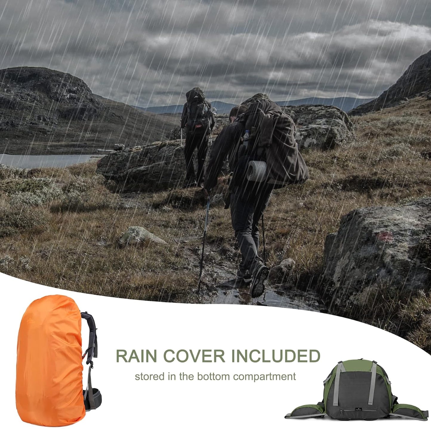 50L Hiking Backpack, Waterproof Camping Essentials Bag with Rain Cover, 45+5 Liter Lightweight Backpacking