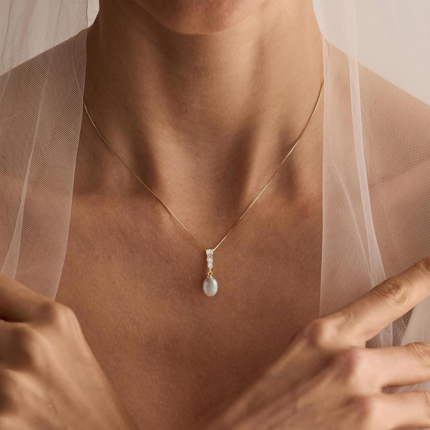 14K Gold Plated Bridal Necklace: Dainty Pearl & CZ Pendant, Classic Wedding Gift for Women