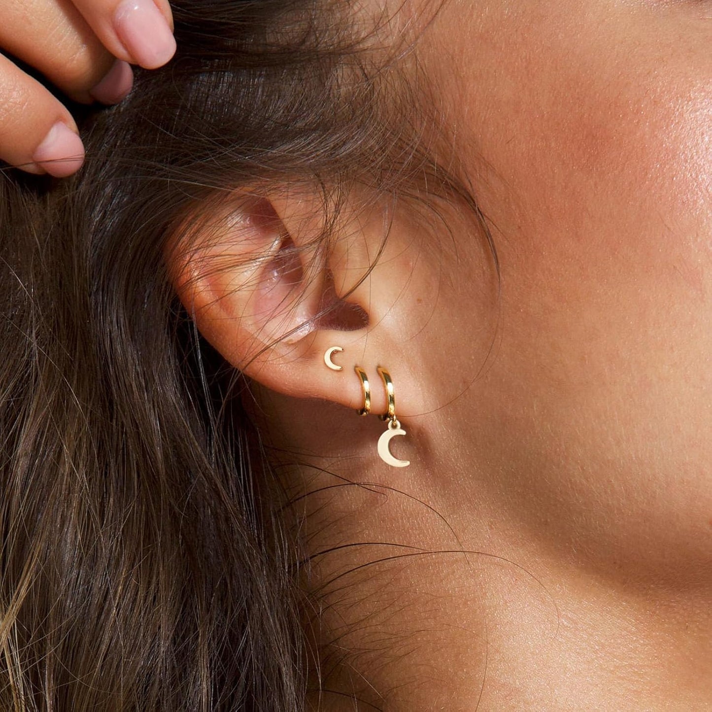 3 Pairs Small Gold Hoop Earring, 14K Gold Plated Earring Stacks Butterfly Heart Star Moon Bow Four Leaf Rhombus Round CZ Pearl