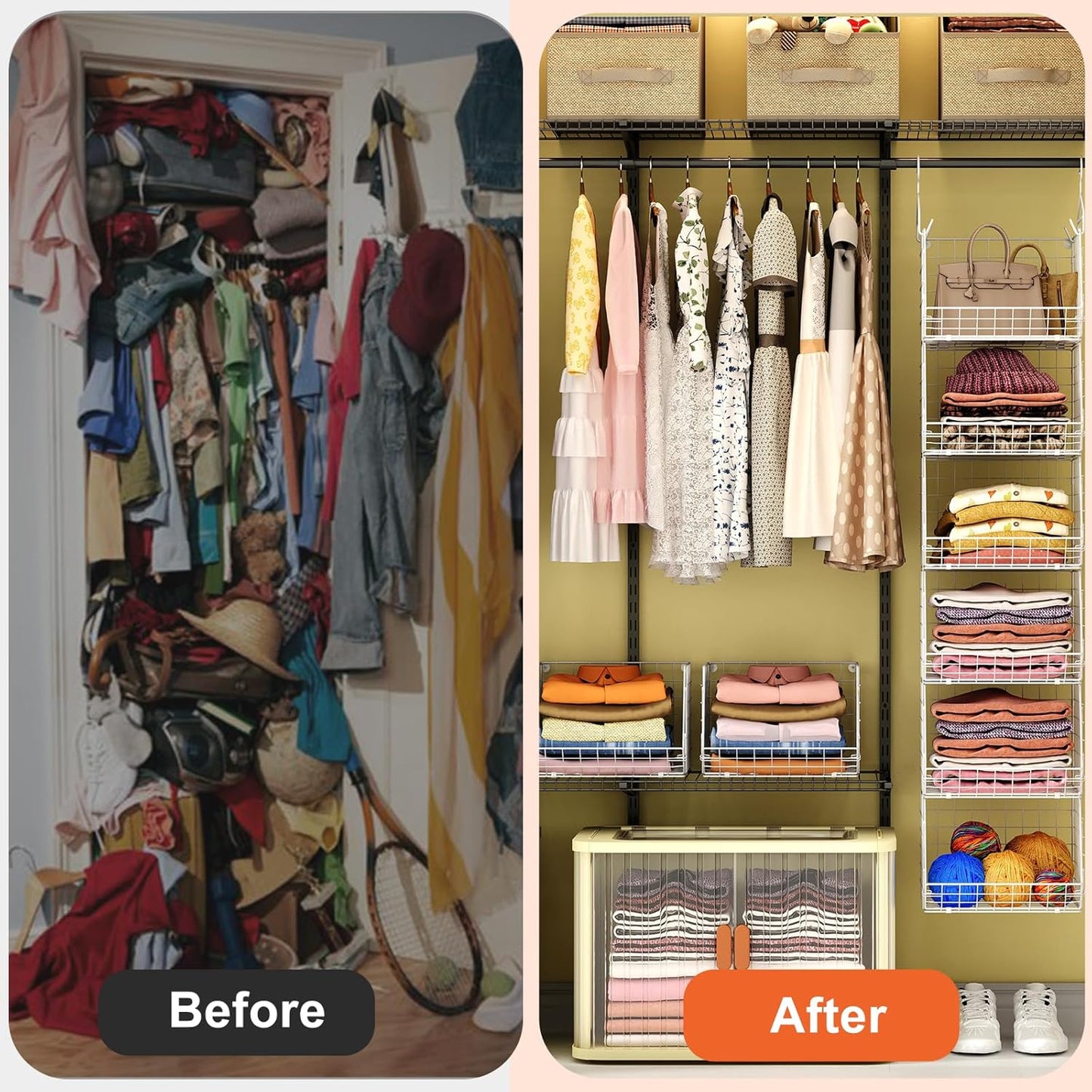 6 Tier Closet Hanging Organizer, Clothes Hanging Shelves with 4 Hanging Hooks 5 S Hooks