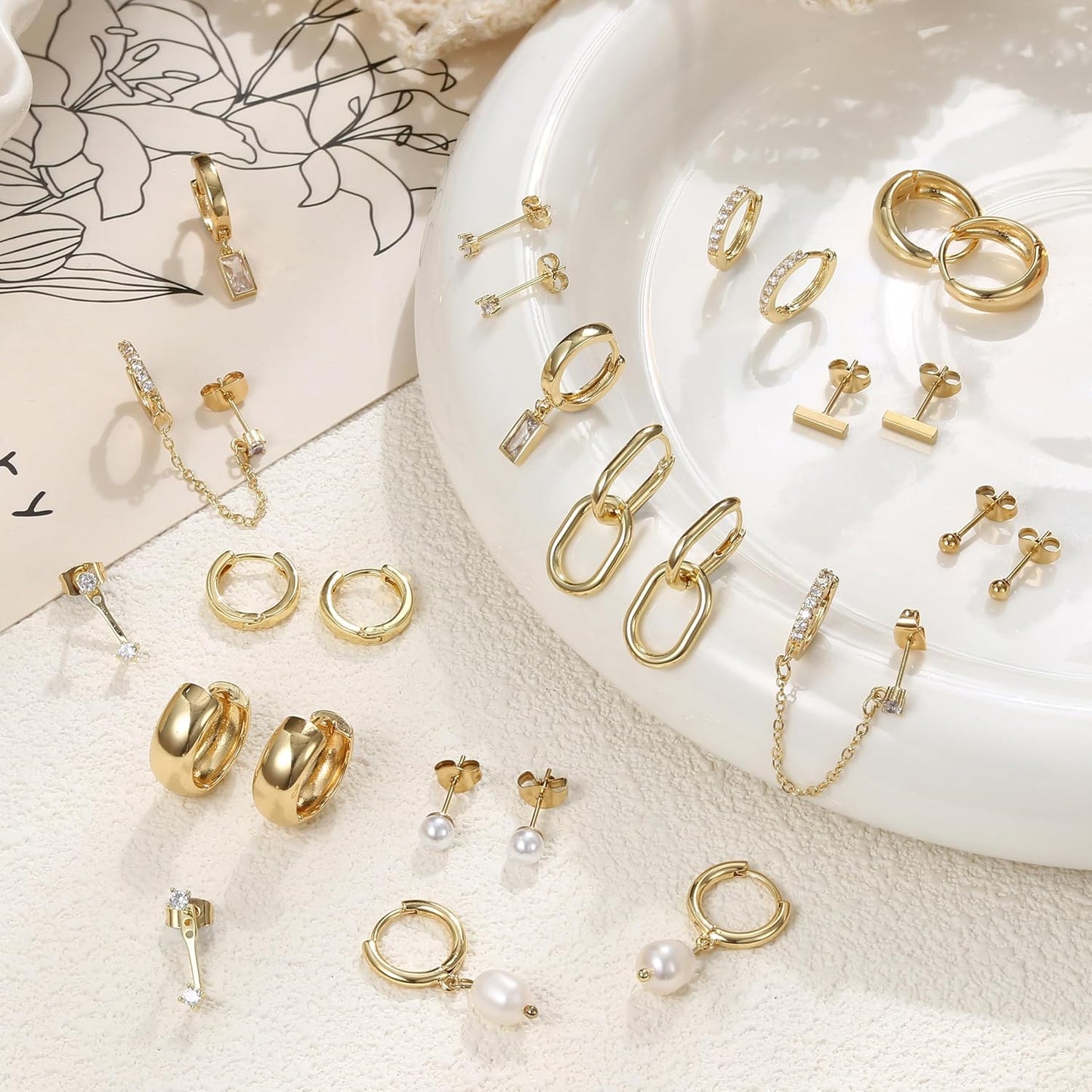 13 Pairs Small Gold Hoop Earrings Set for Women 14K Gold Plated Lightweight Huggie Hoops Pearl Dainty Stud Hoop
