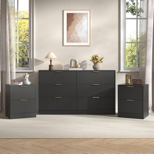 3-Piece Modern Bedroom Furniture SetWide 6-Drawer Dresser & 2-Drawer Nightstands Setof 2, Natural Wood Dresser and Nightstand Sets forBedroom, Hallway, Black