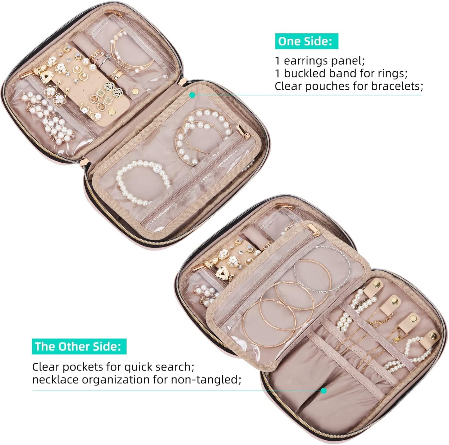Travel Jewelry Case, Holiday Organizer for Necklaces, Earrings, Rings, Bracelets, Watch, Pink