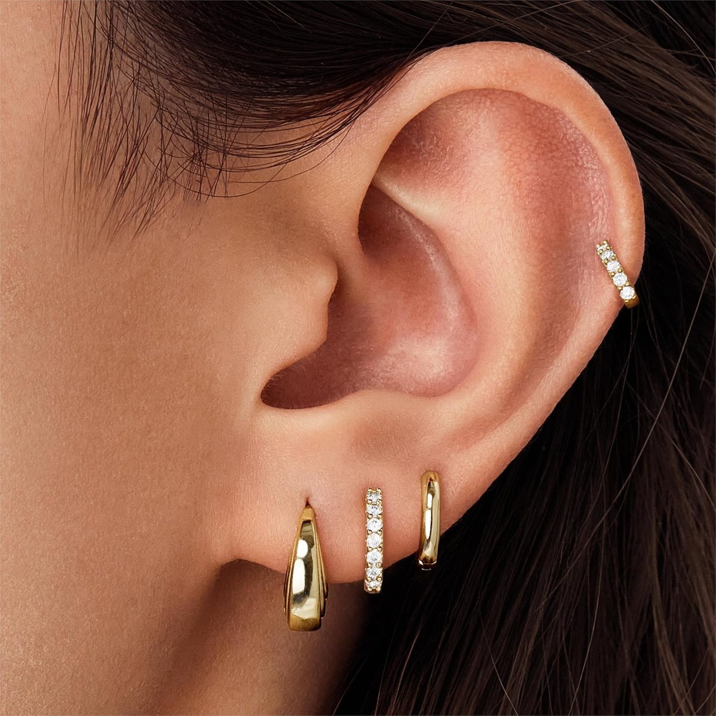 Small Gold Huggie Hoop Earrings Set for Women Men Hypoallergenic 14K Plated Stack Cartilage Earrings, Multiple Piercing
