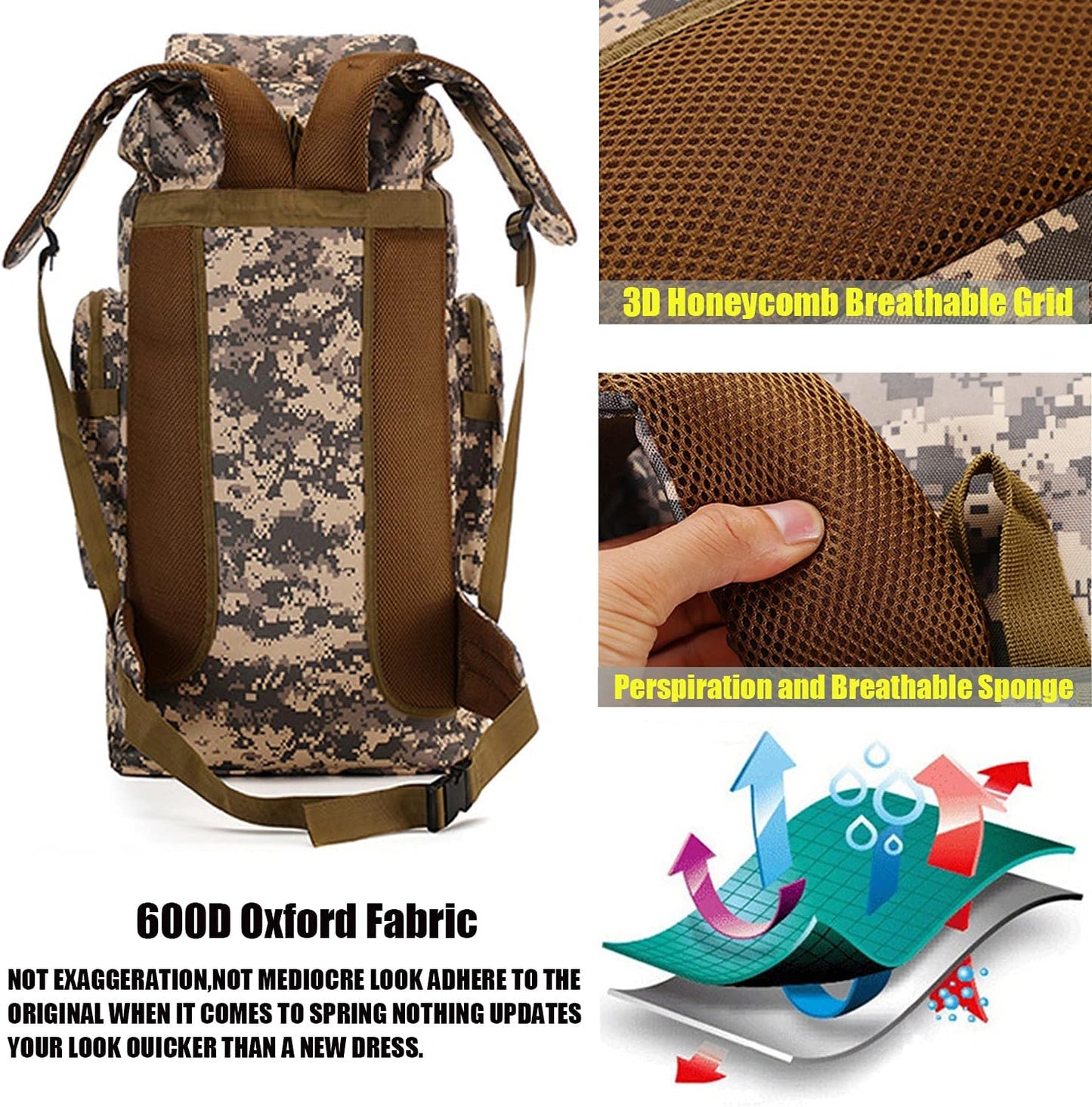 70L Hiking Backpack for Men, Waterproof Lightweight Camping Backpack, Military Rucksack with Molle