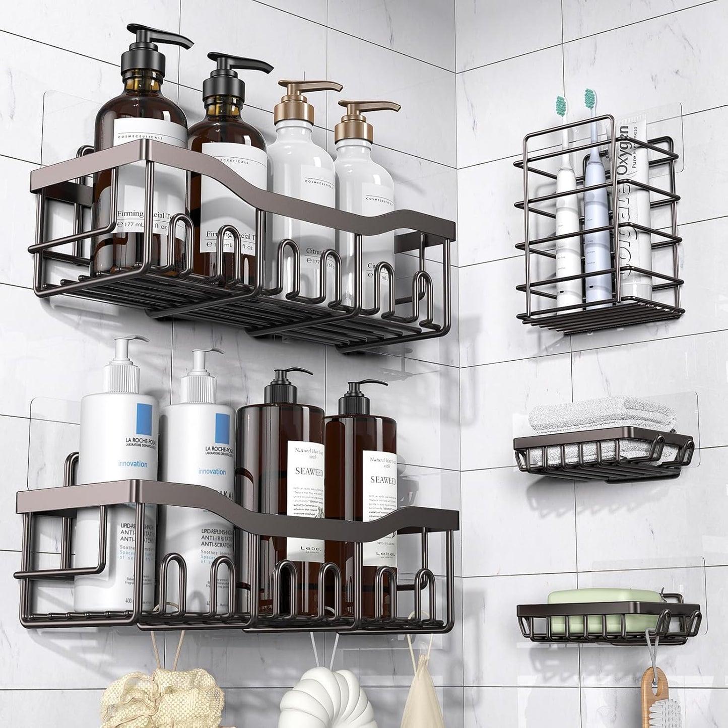 Adhesive Shower Caddy, 5 Pack Rustproof Stainless Steel Bath Organizers , No Drilling Shelves