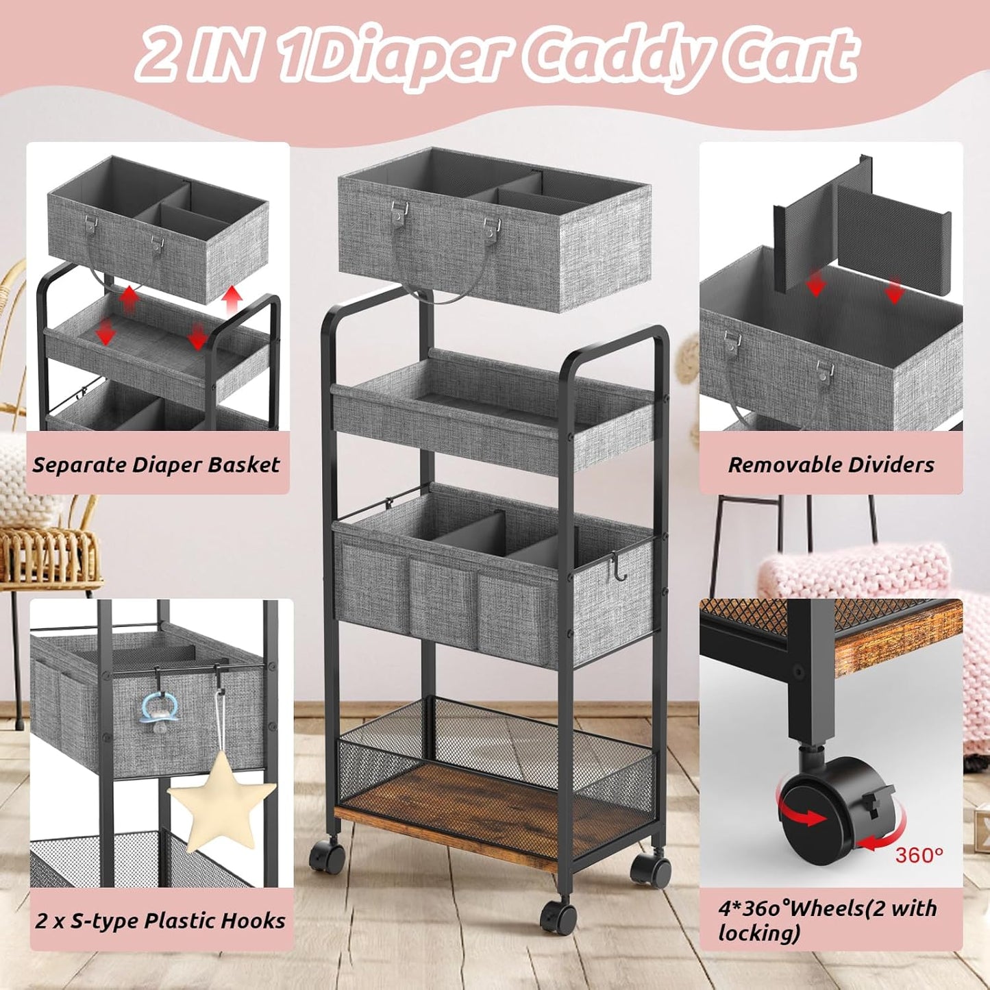 2In1  Diaper Caddy & 3-Tier Rolling Diaper Cart, Diaper Caddy Organizer Cart with Dividers,Utility Cart
