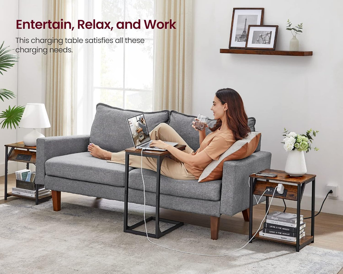 Small Side Tables, Nightstand with Outlets and USB Ports, Bedside Table with Storage Shelf